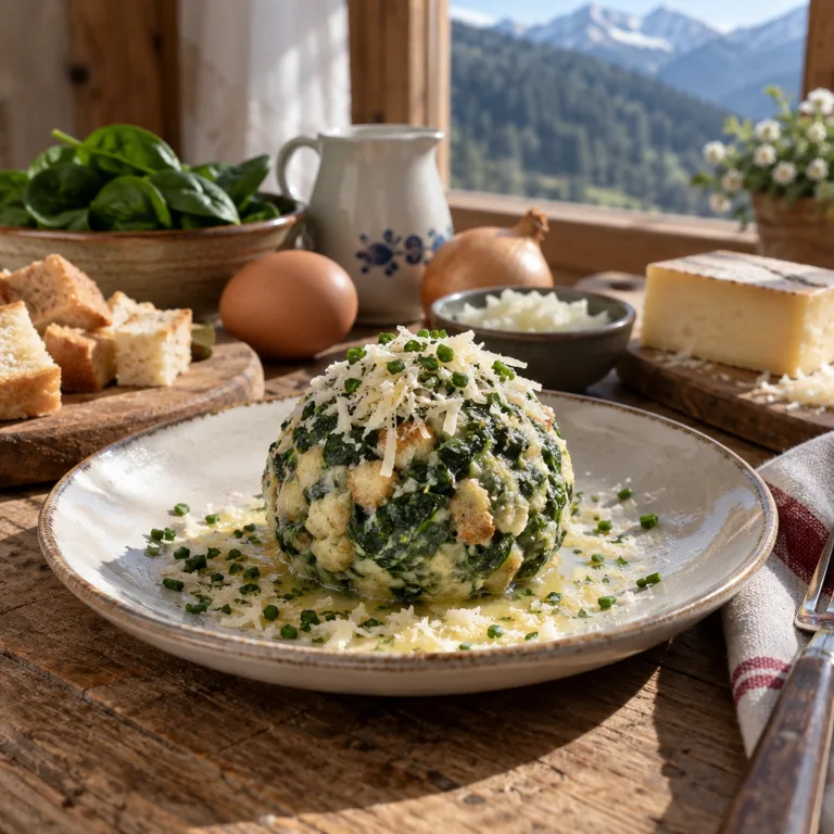 Tyrolean Spinatknödel with Mountain Cheese — The finished dish