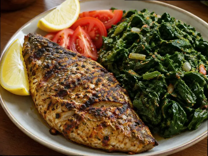 Grilled Fish & Cassava Greens — The finished dish