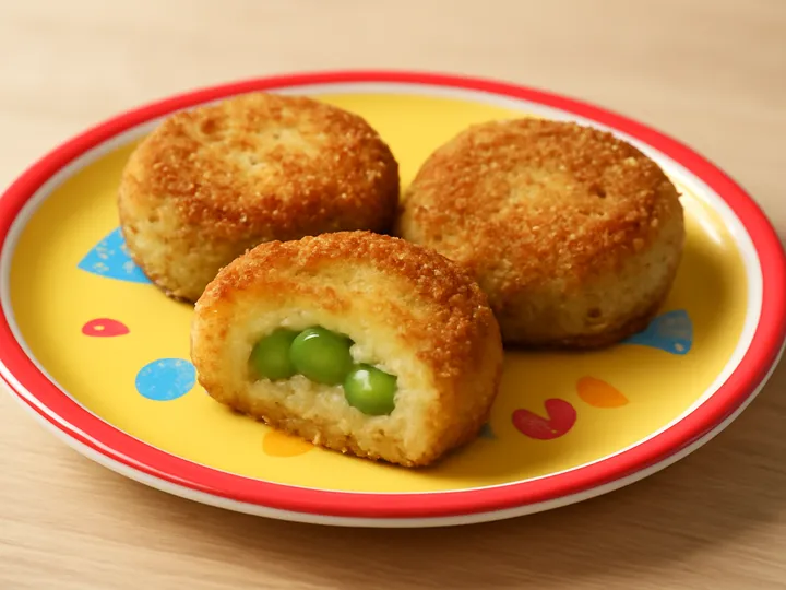 Pale Potato Cakes with Green Pea Centers — The finished dish