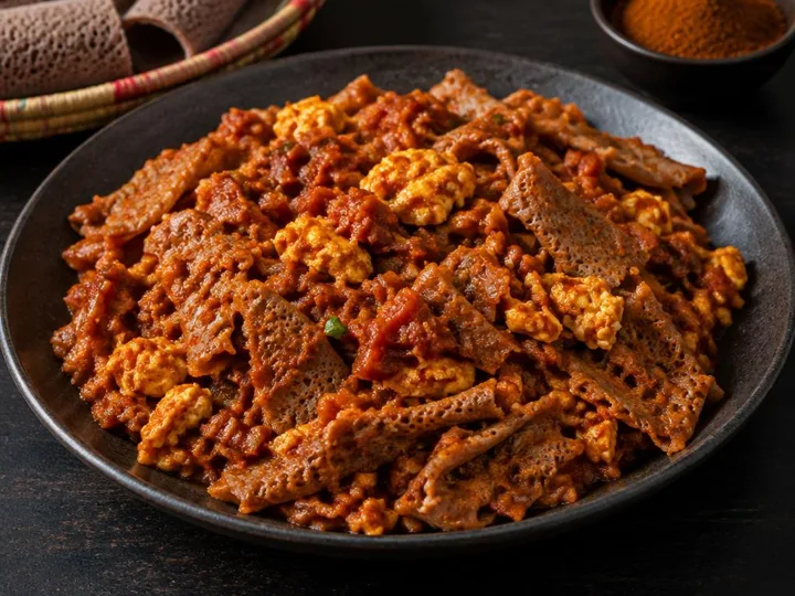 Firfir with Spiced Eggs — The finished dish