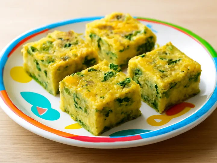 Golden Cassava Squares with Green Spinach Flecks — The finished dish