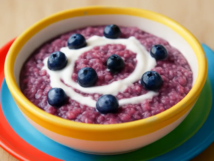 Purple Berry Oat Bowl with White Yogurt Ribbons — The finished dish