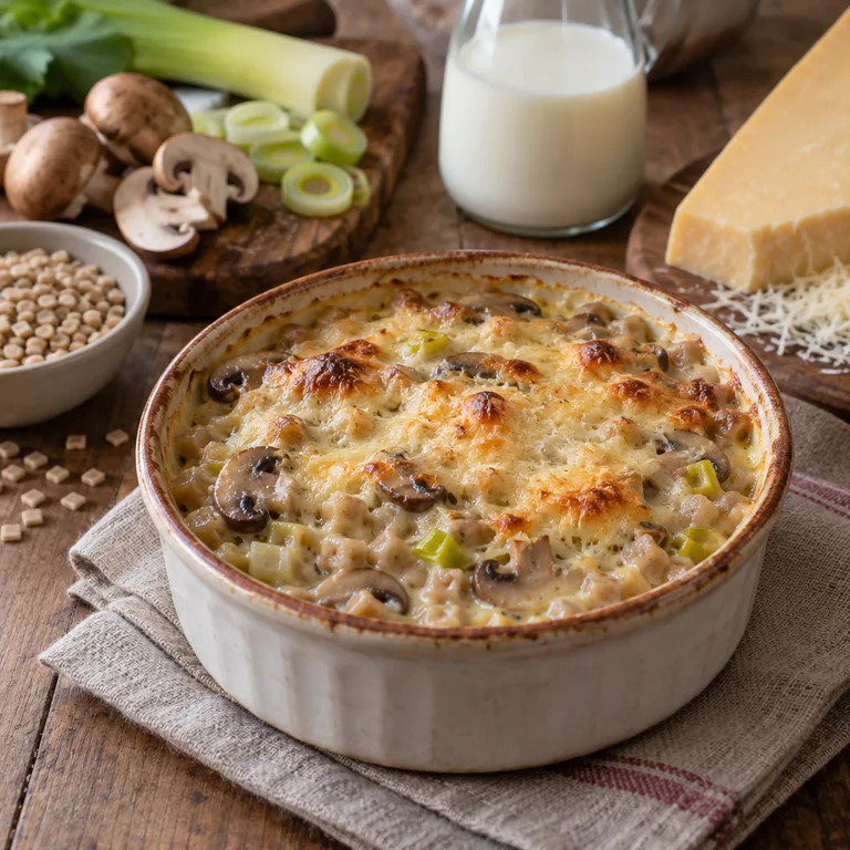Savoyard Crozet Gratin with Mushrooms and Leek — The finished dish