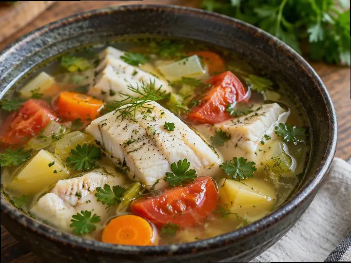 Light Soup with Grilled Tilapia — The finished dish