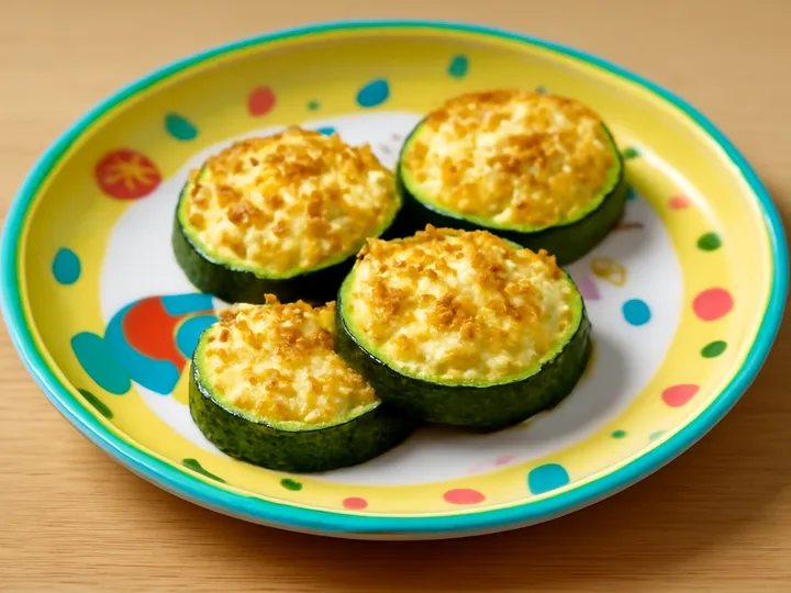 Green Zucchini Rounds with Golden Feta Tops — The finished dish