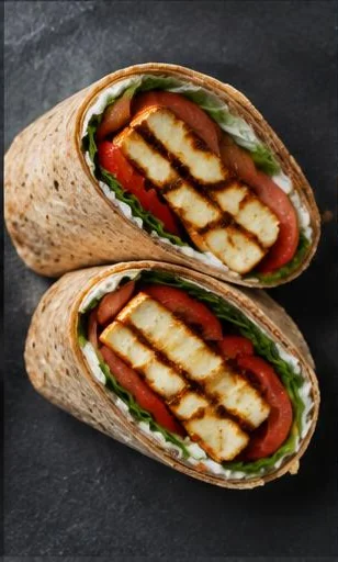 Grilled Halloumi & Tomato Wrap — The finished dish