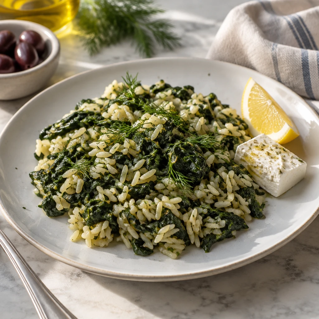 Spanakorizo Lemon Spinach Rice with Feta — The finished dish