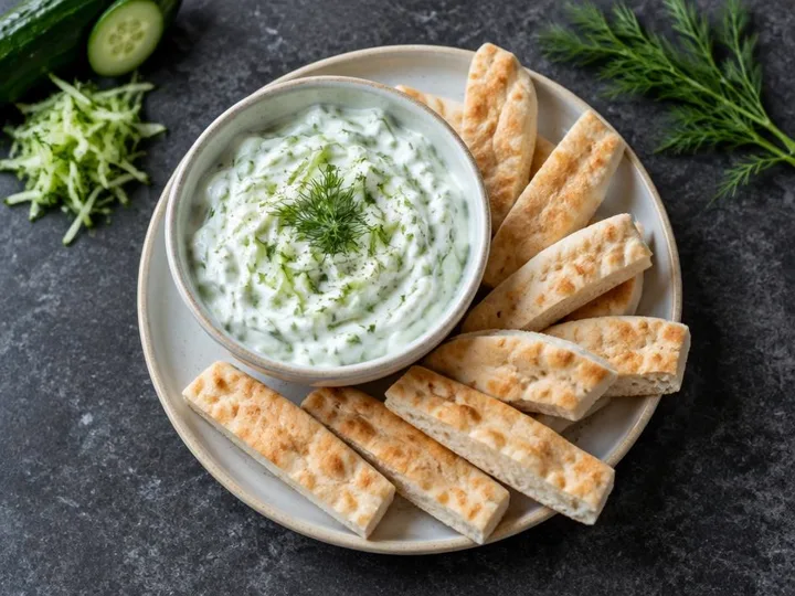 Yoghurt & Cucumber Dip with Pitta Fingers (Greek style) — The finished dish
