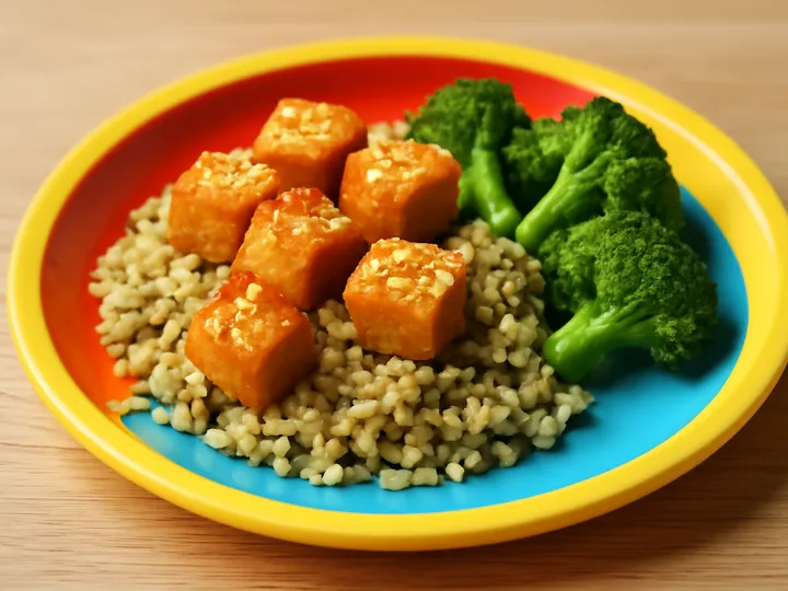 Golden Tofu Cubes over Green-Flecked Rice — The finished dish