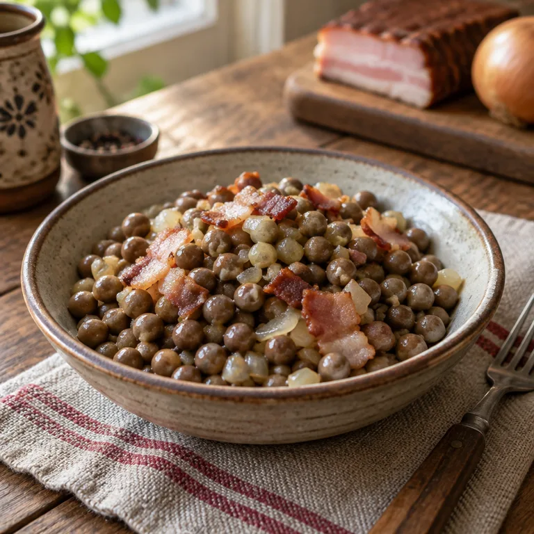 Pelēkie Zirņi ar Speķi — Grey Peas with Bacon and Onion — The finished dish