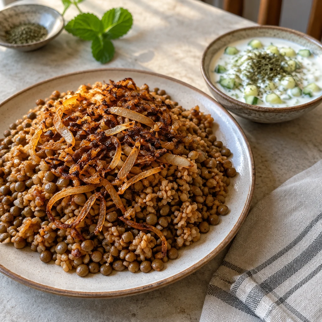 Mujadara Hamra with Bulgur and Cucumber Yogurt — The finished dish