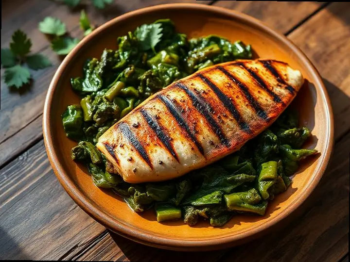 Braised Sukuma Wiki with Grilled Lake Tilapia — The finished dish