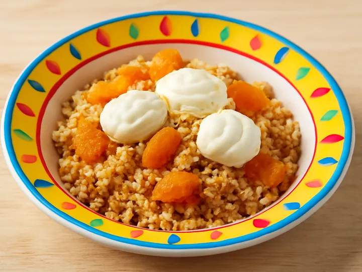 Apricot Couscous Bowl with White Yogurt Clouds — The finished dish