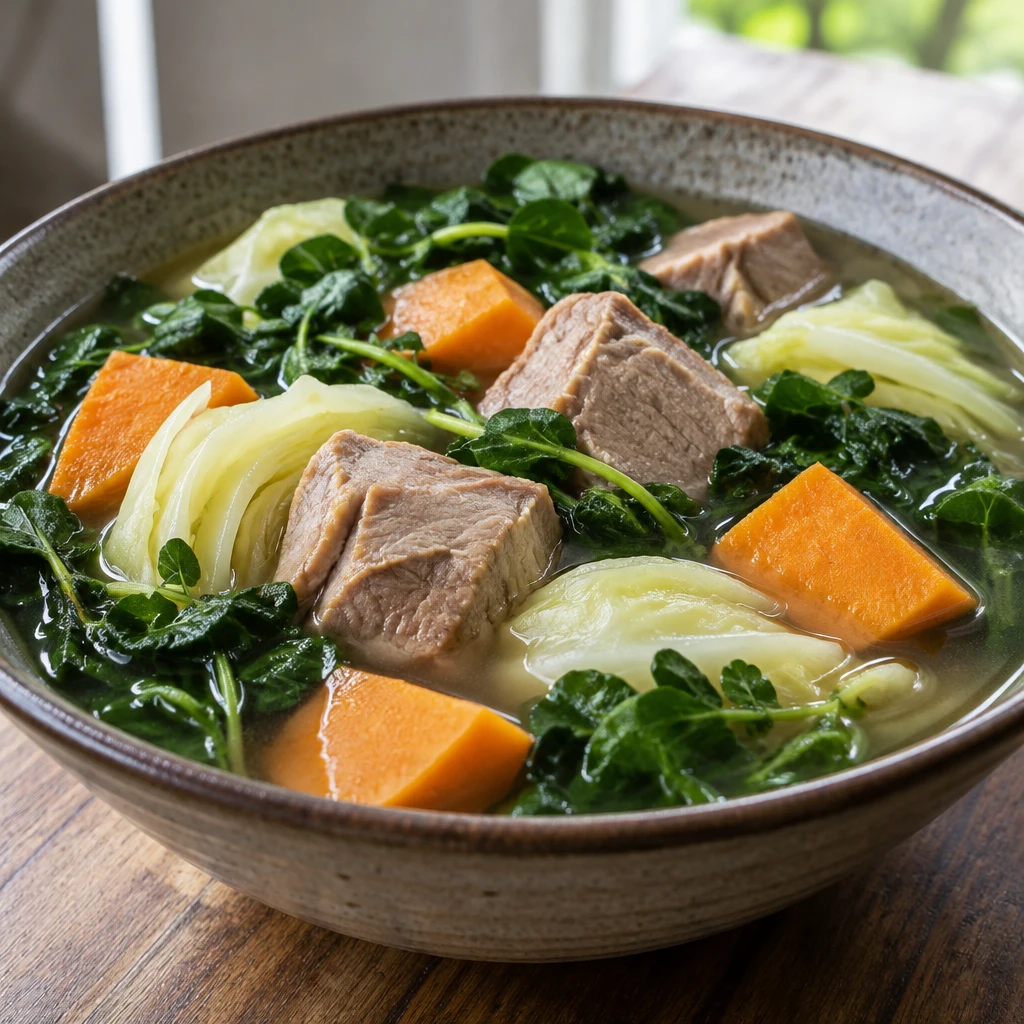 Pork and Watercress Boil-Up with Kūmara — The finished dish
