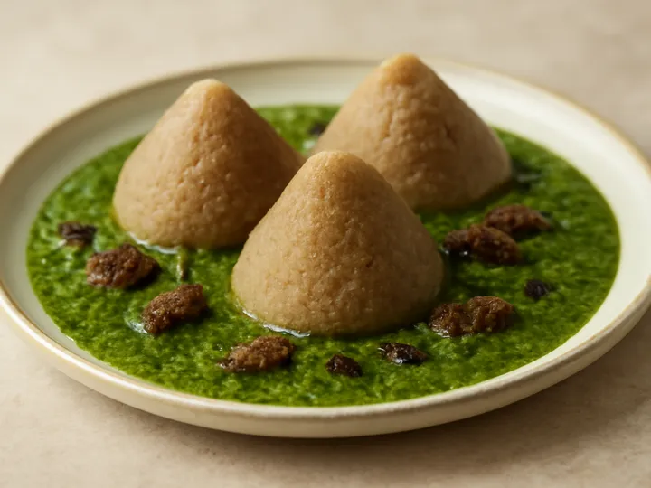 Brown Rice Tuwo Mounds in Green Miyan Kuka — The finished dish