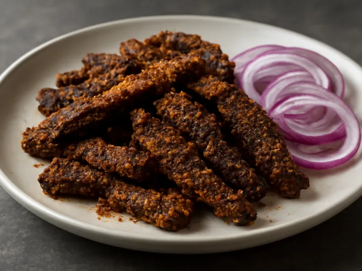Charred Beef Suya Strips with Purple Onion Rings — The finished dish