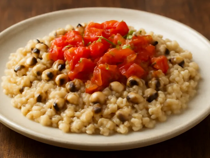 Creamy Shinkafa da Wake with Red Tomato Pieces — The finished dish