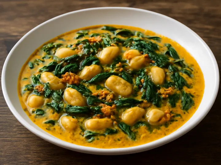 Creamy Ukwa with Pumpkin Leaf Strips — The finished dish