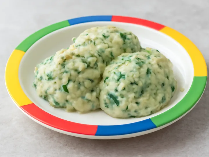 Creamy Yam Mounds with Green Spinach Flecks — The finished dish