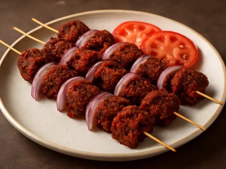 Crimson Beef Suya Skewers with Onion Crescents — The finished dish