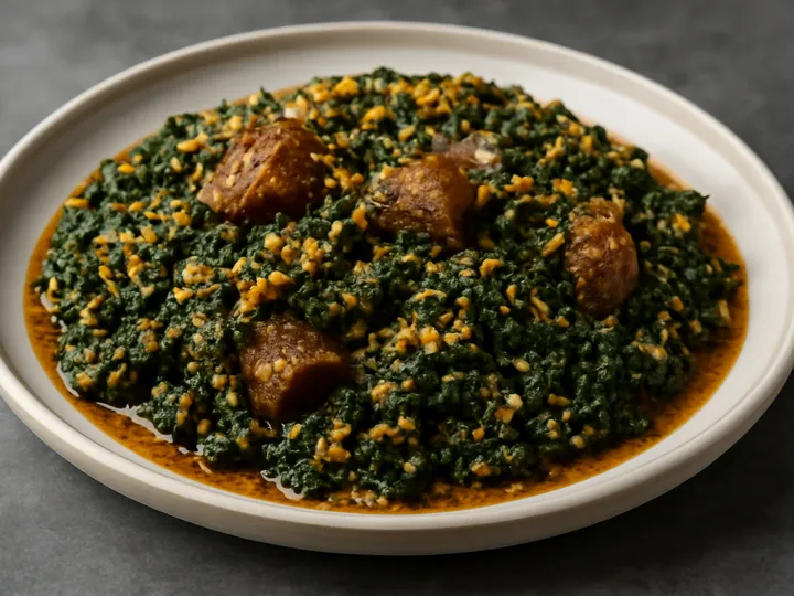 Dark Green Owo Ewedo with Melon Seed Crumbs — The finished dish