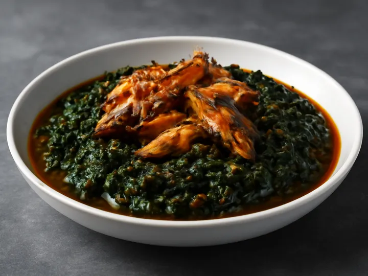 Glossy Green Afang with Flaked Smoked Mackerel — The finished dish