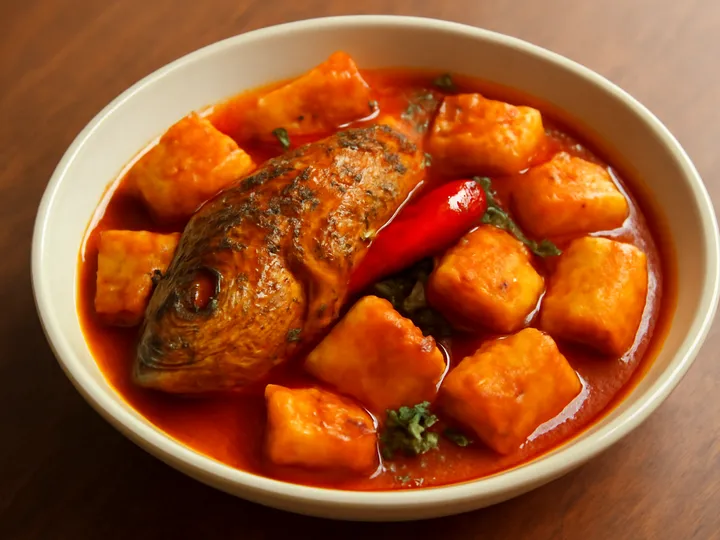 Golden Bodo Ignan with Fish and Plantain Chunks — The finished dish