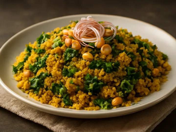 Golden Dambu Millet Crumbs with Leafy Greens — The finished dish