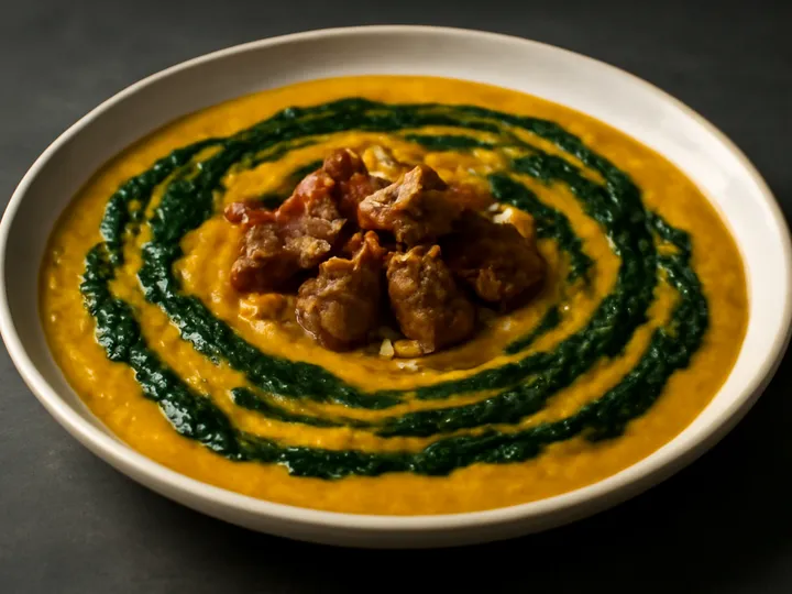 Golden Miyan Taushe with Dark Spinach Swirls — The finished dish
