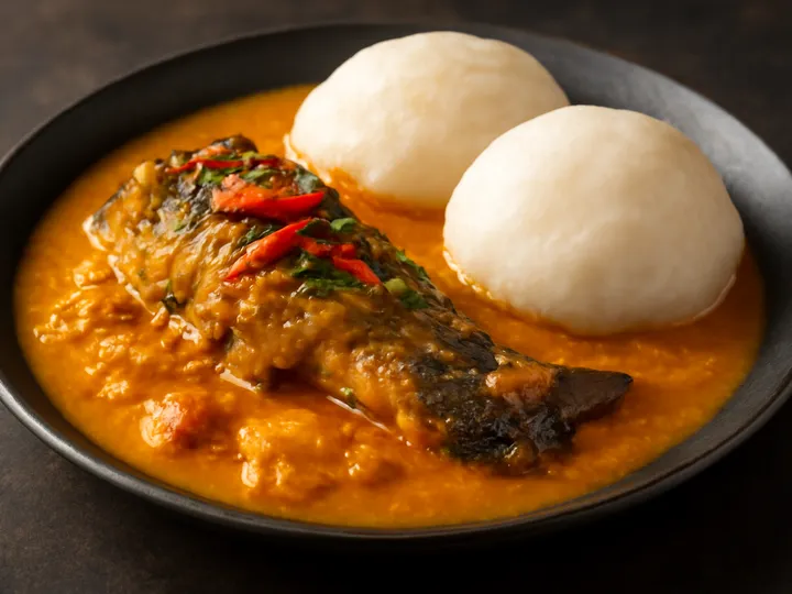 Golden Owo Soup with Fish and Starch Mounds — The finished dish