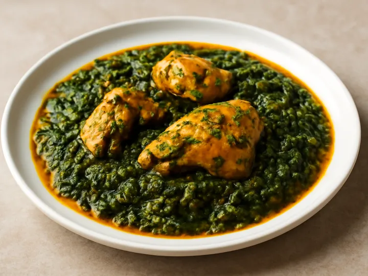 Green-Flecked Ofe Onugbu with Chicken Pieces — The finished dish