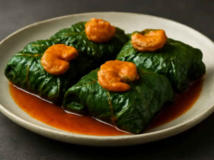 Green-Wrapped Ekpang Nkukwo Rolls with Shrimp — The finished dish
