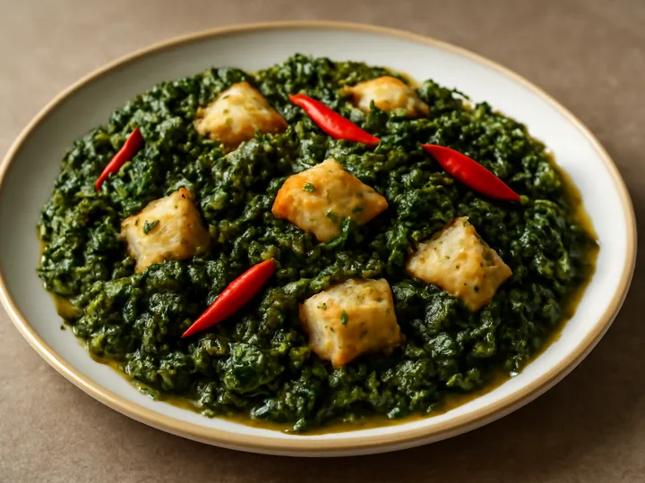 Leafy Oje Abila with White Fish Pieces — The finished dish