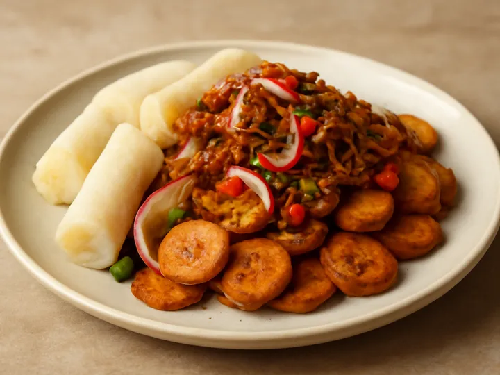 Pale Kekefia with Plantain Coins and Fish Flakes — The finished dish