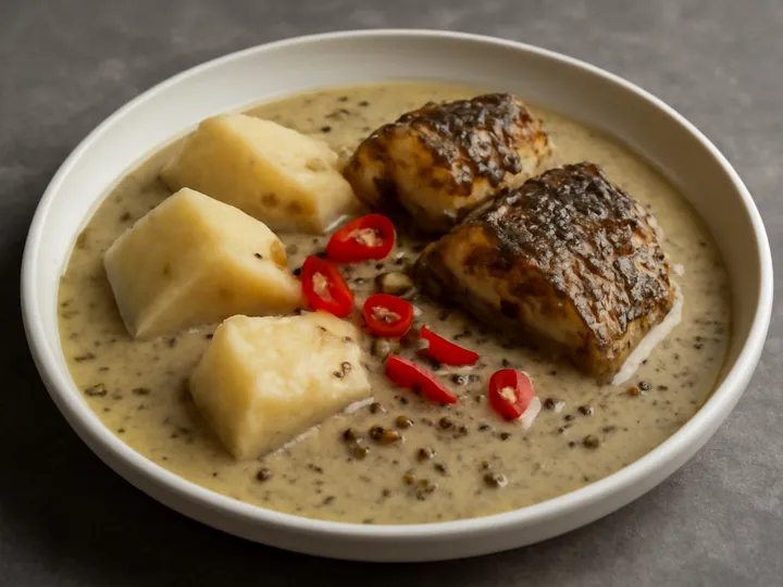 Pale Ofe Nsala with Yam and Tilapia Chunks — The finished dish