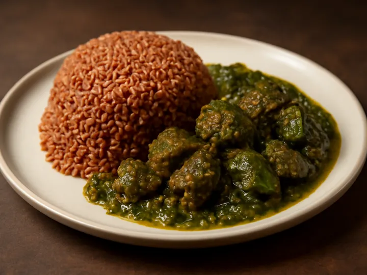 Red Ofada Rice with Green Ayamase Beef Sauce — The finished dish