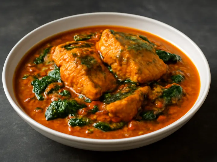 Rust-Colored Banga Soup with Fish Chunks — The finished dish