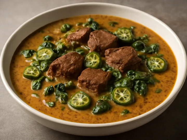 Silky Ogbono Soup with Okra Rounds and Beef — The finished dish