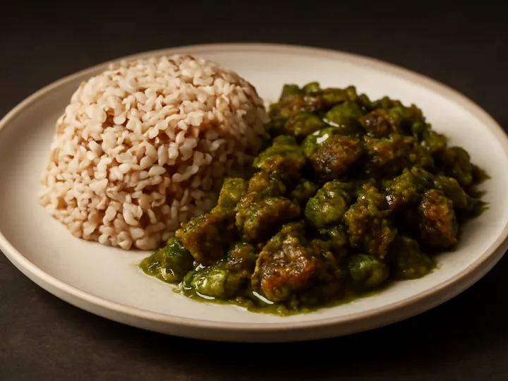 Speckled Ofada Rice beside Green Ayamase Beef — The finished dish