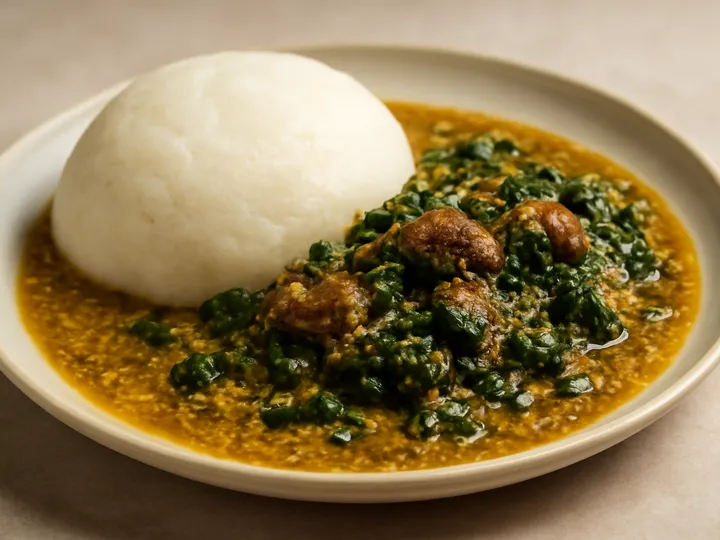 White Ruam Mound beside Speckled Sesame Soup — The finished dish