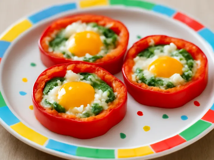 Red Pepper Egg Cups with White Cheese Speckles — The finished dish