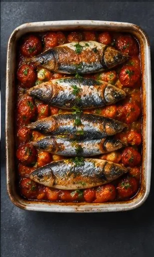 Cornish Sardine Tomato Bake — The finished dish