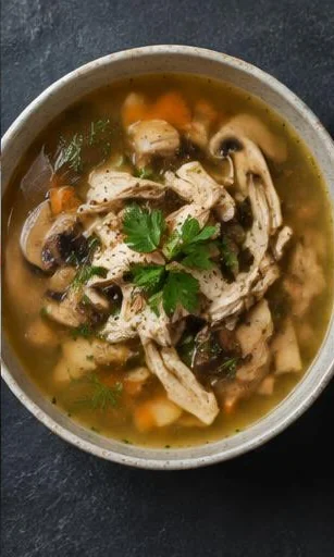 Cumbria Chicken & Mushroom Broth — The finished dish